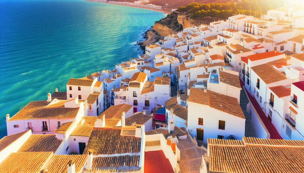 Scenic view of a Spanish coastal town with white buildings, red tile roofs, and turquoise Mediterranean waters during golden hour