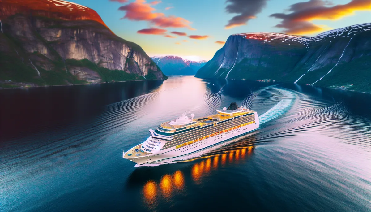 Large cruise ship sailing through a Norwegian fjord with dramatic snow-capped mountains in the background during golden hour