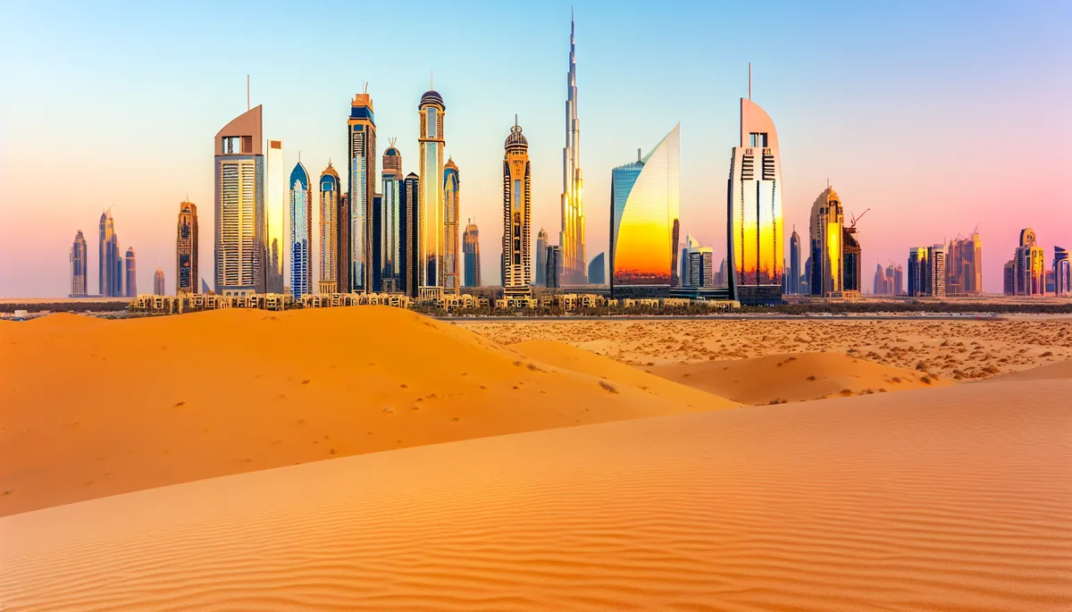 Dubai skyline at sunset featuring the Burj Khalifa and modern skyscrapers with golden desert dunes in the foreground