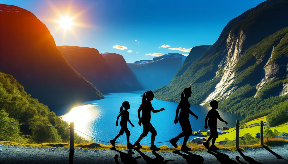 Family silhouettes walking on a scenic Norwegian fjord trail with mountains and water in the background during golden hour
