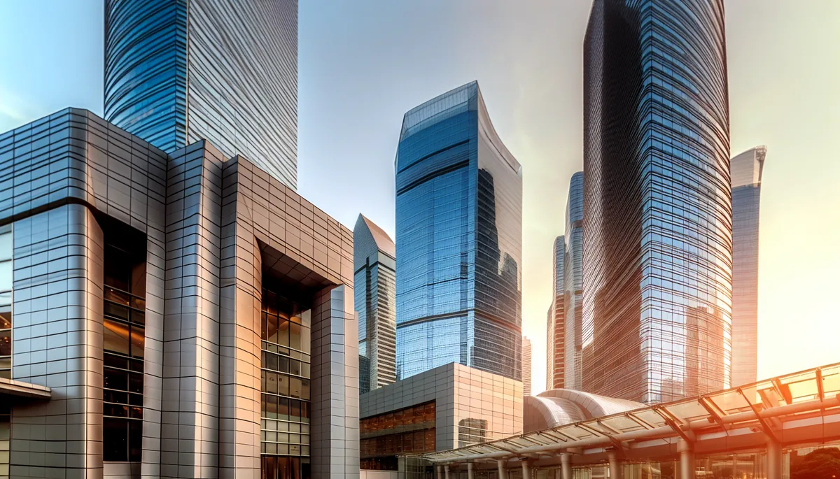 Modern Asian business district skyline with gleaming skyscrapers and contemporary architecture during golden hour