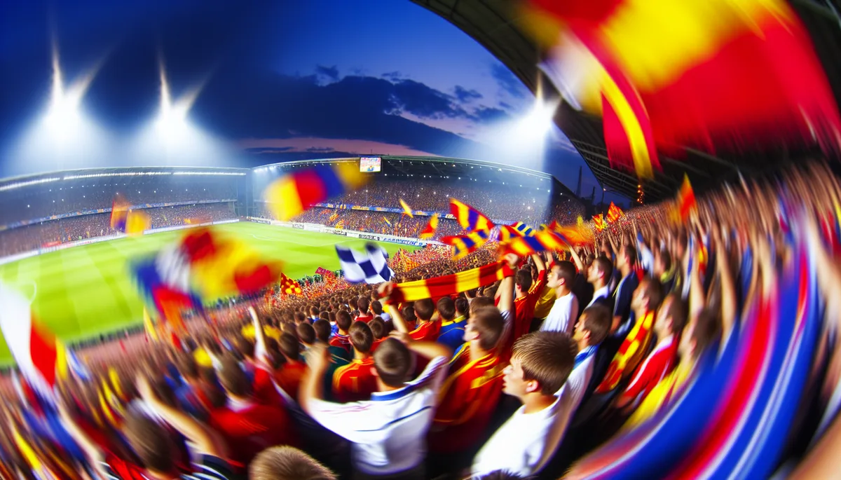 Football supporters celebrating in a packed European stadium with colorful scarves and flags under dramatic floodlights