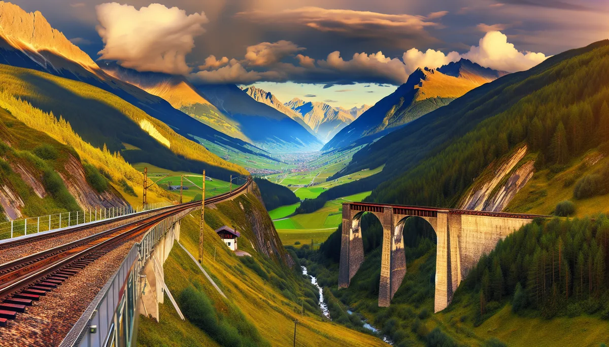 A scenic European train traveling through mountainous alpine landscape with dramatic valleys and vintage railway infrastructure during golden hour