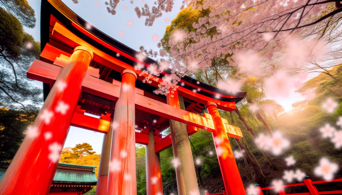 Traditional red torii gate at a Japanese shrine surrounded by cherry blossoms during golden hour