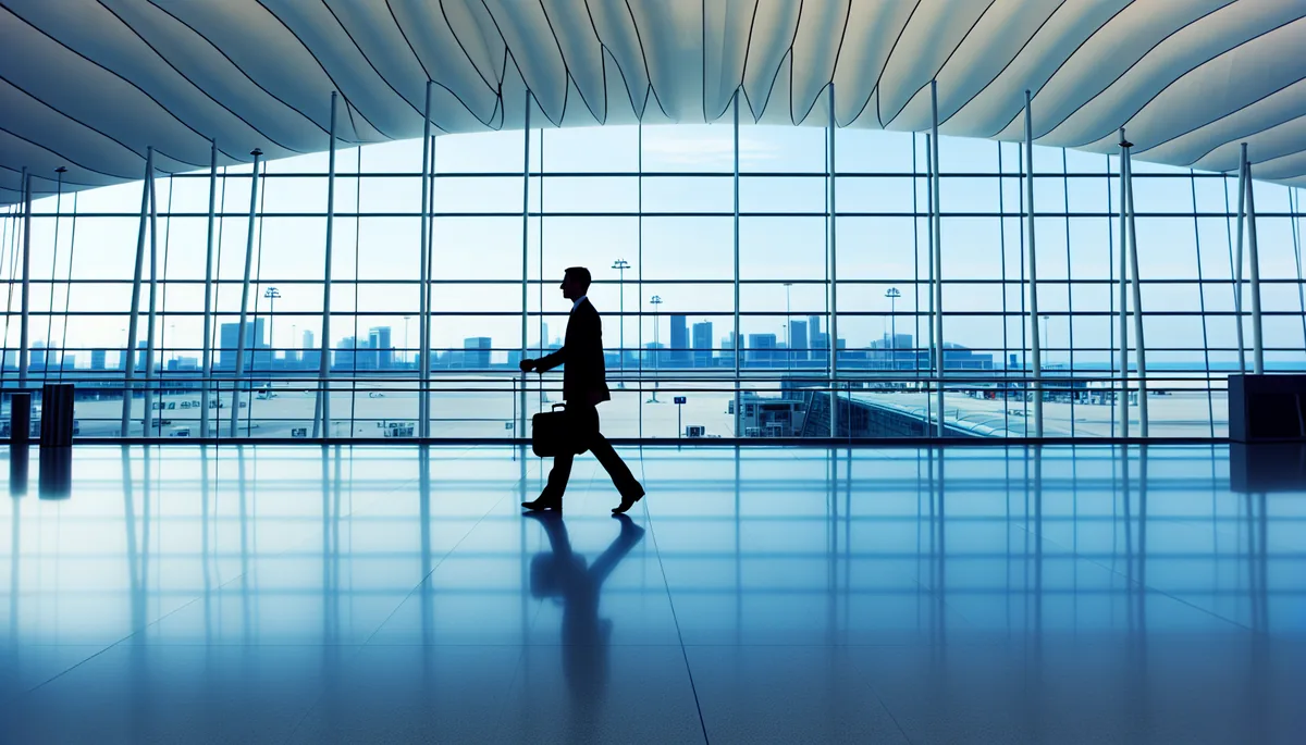 Silhouette of a business traveler walking through a modern airport terminal with large windows showing a city skyline in the background