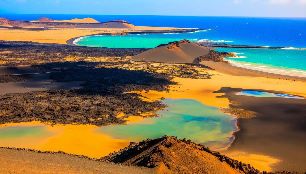 Stunning volcanic landscape of Lanzarote showing black lava rock formations contrasting with golden beaches and bright blue ocean waters under clear skies