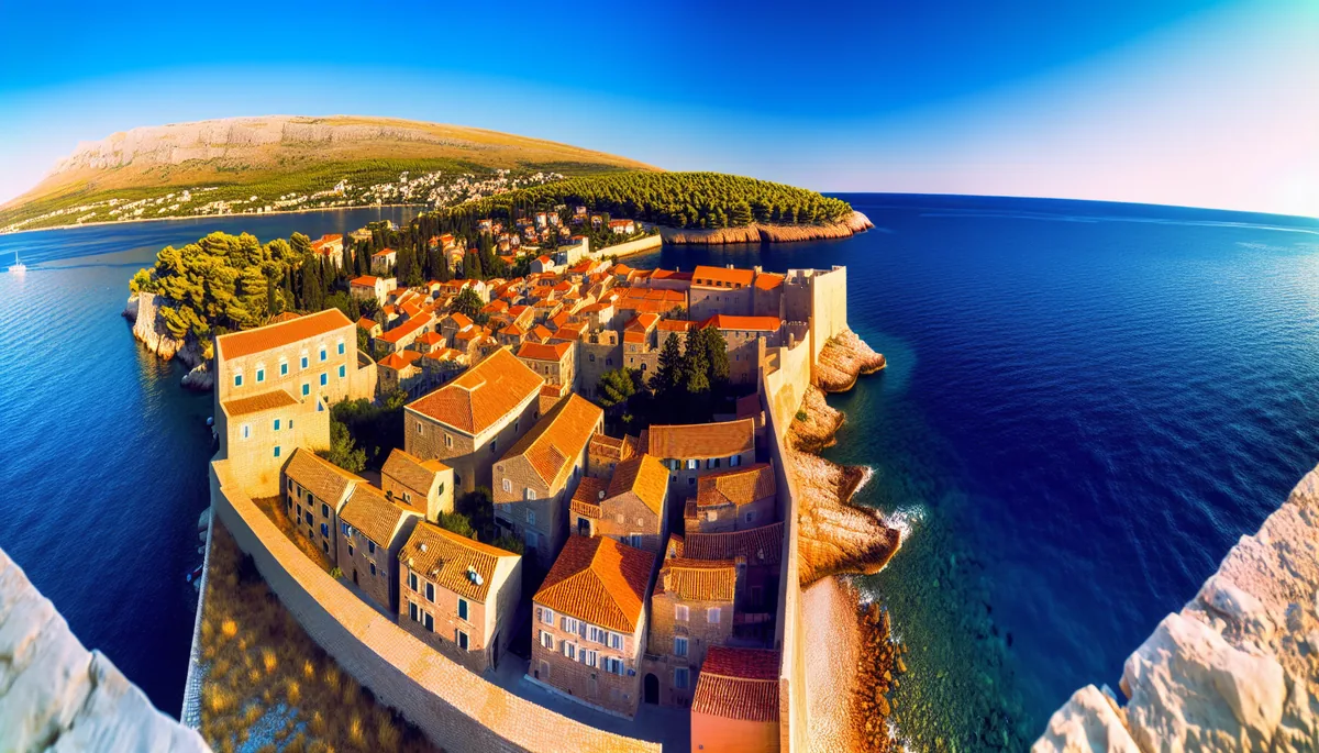 Aerial view of Dubrovnik's historic old town with ancient stone walls and red-tiled roofs along the sparkling blue Adriatic coastline