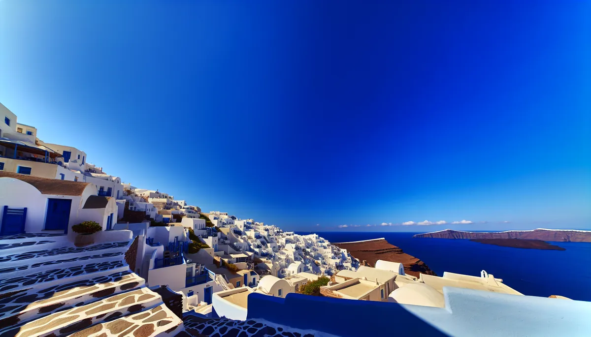 Picturesque Greek island village with traditional white buildings overlooking the deep blue Aegean Sea under bright Mediterranean sunshine