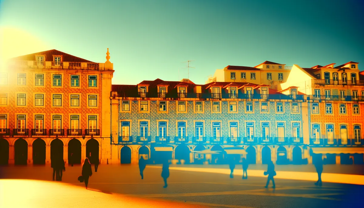Golden hour view of Rossio Square in Lisbon, Portugal, showing traditional Portuguese architecture with azulejo tiles and warm Mediterranean lighting