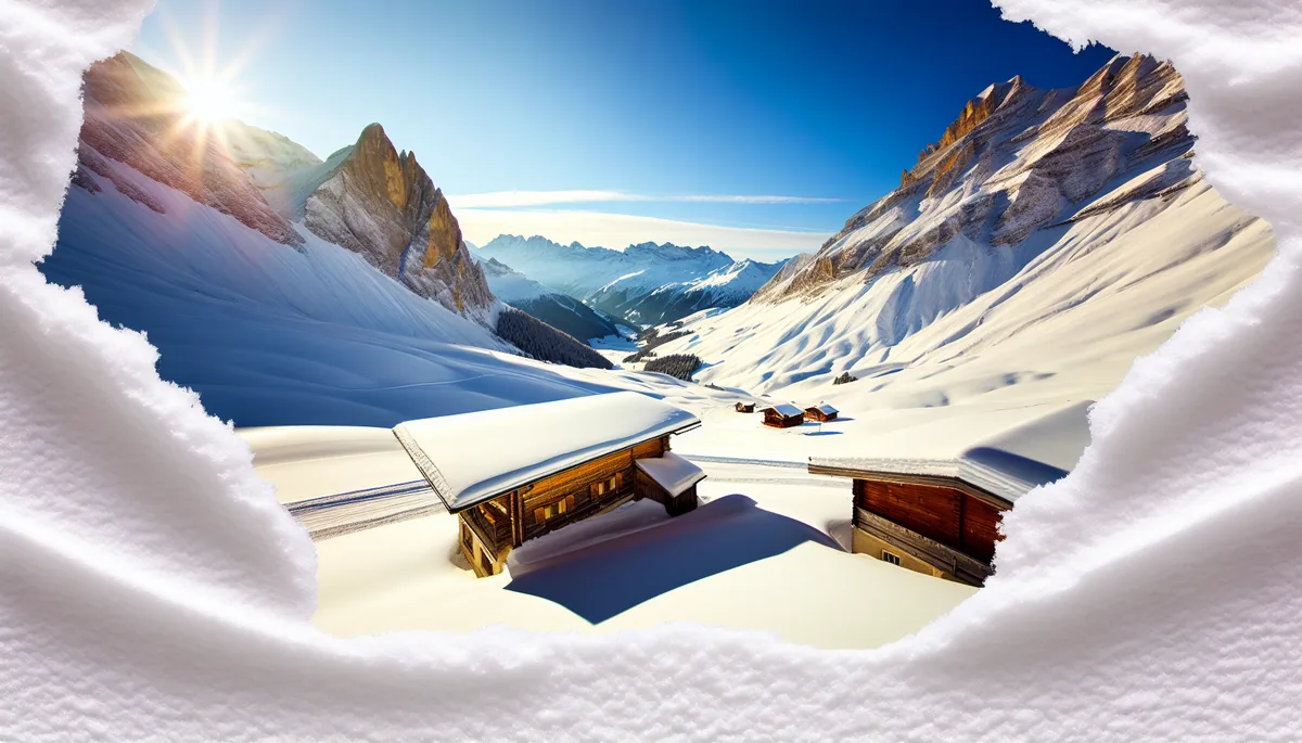 Stunning Alpine winter landscape with snow-covered mountain peaks, ski slopes, and traditional chalets in a sunny mountain valley