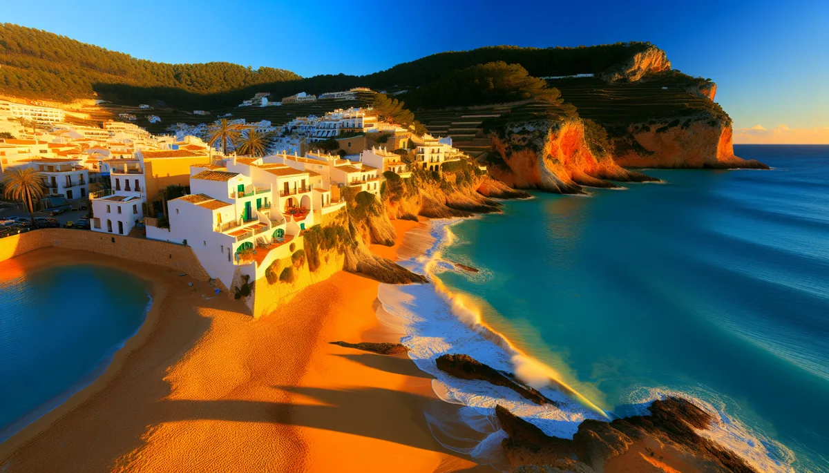 Scenic Spanish coastal landscape featuring a golden beach with turquoise waters and traditional white buildings on a hillside during golden hour