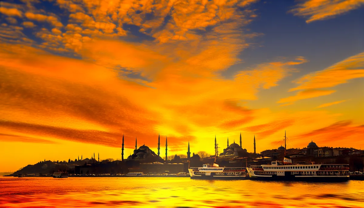 Stunning sunset view of Istanbul's historic skyline featuring the Blue Mosque and Hagia Sophia with the Bosphorus strait and traditional boats in the foreground