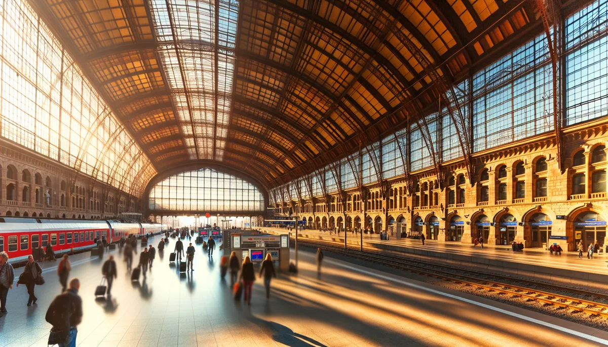 A beautiful European train station with arched glass ceiling and warm sunlight, showing travelers on the platform during spring travel season