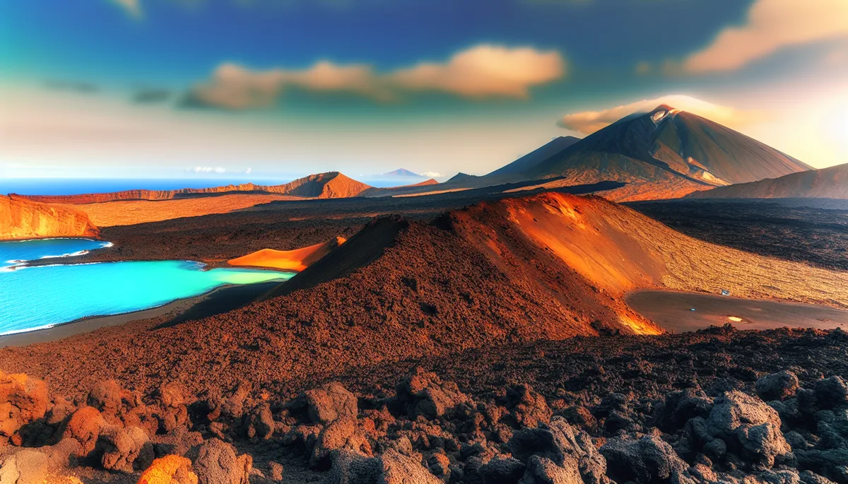 Stunning volcanic landscape of the Canary Islands featuring black lava rock formations against turquoise ocean waters with Mount Teide mountain in the background during golden hour