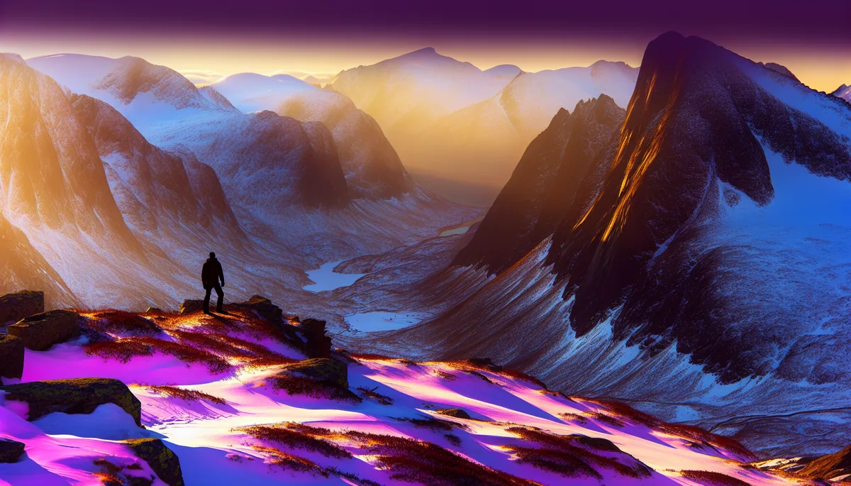 Dramatic Norwegian mountain landscape with snow-capped peaks and deep valleys, featuring a hiker's silhouette against the vast wilderness during golden hour