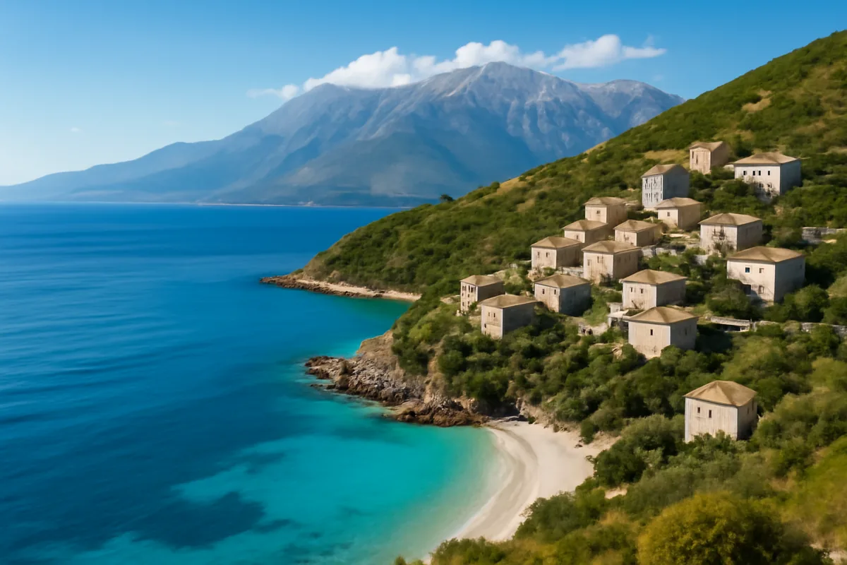 Scenic view of the Albanian Riviera showing turquoise waters, coastal villages, and mountains under bright Mediterranean sunlight