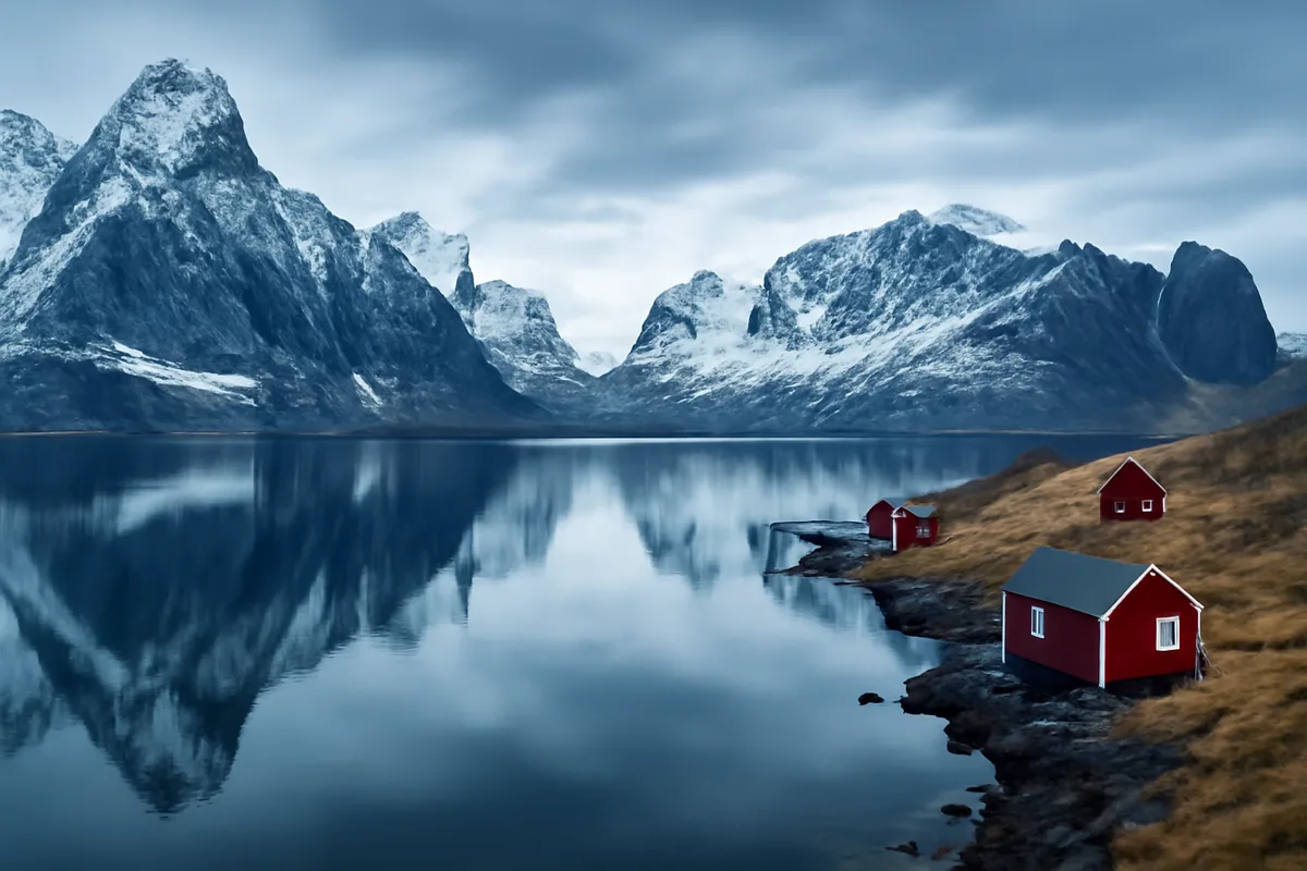 A breathtaking Norwegian fjord with snow-capped mountains reflecting in calm blue water, traditional red cabins along the shoreline under soft Nordic light