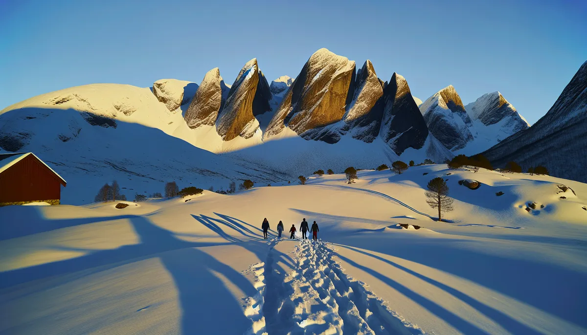 Silhouettes of travelers walking through a snowy mountain landscape with Alpine peaks in the background during golden hour