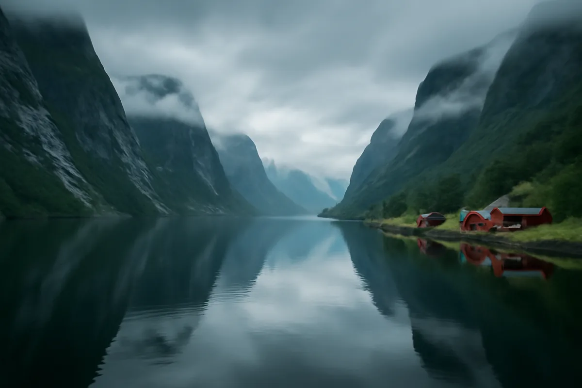 A serene Norwegian fjord landscape with towering mountain cliffs, calm reflective water, and traditional red wooden cabins along the shoreline under soft Nordic light.