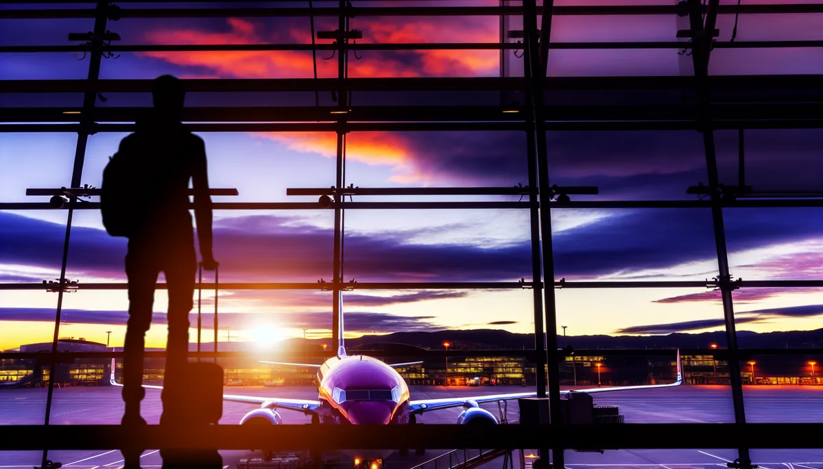 Silhouette of a traveler at an airport departure gate during sunset, with planes visible through terminal windows