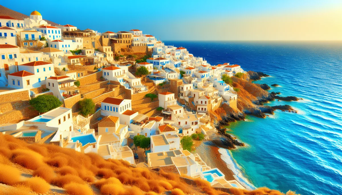 Beautiful Mediterranean coastal village with white buildings and blue waters, representing summer vacation destinations