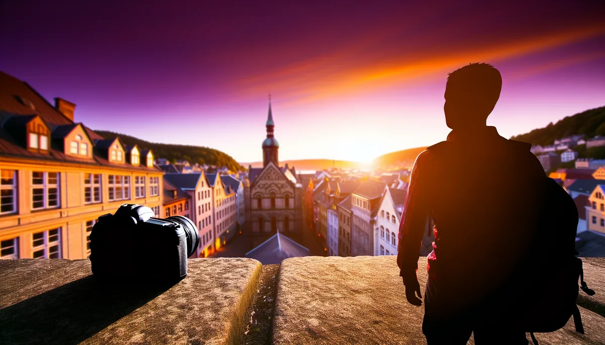 Silhouette of a traveler standing on a viewpoint overlooking a European city at sunset with historic buildings and warm golden lighting