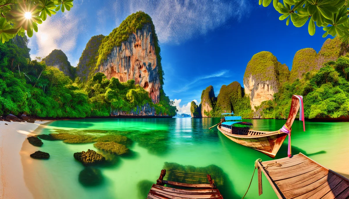 Traditional Thai longtail boat on turquoise waters surrounded by towering limestone cliffs in a tropical paradise setting