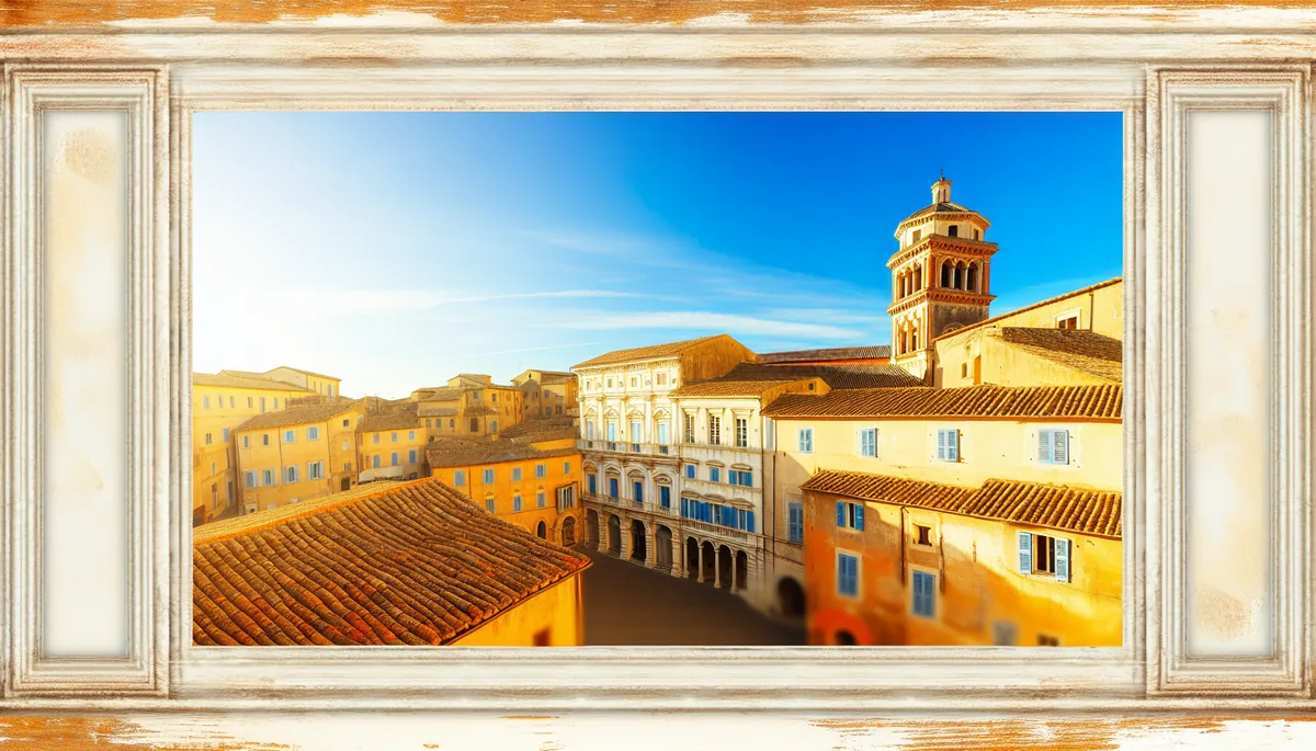 Beautiful European city street with historic Roman architecture, terracotta rooftops, and cobblestone pathways bathed in warm spring sunlight