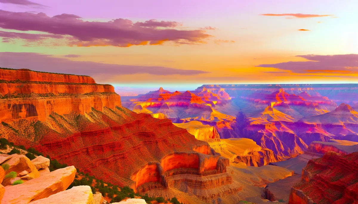 Breathtaking view of the Grand Canyon at golden hour, showing the iconic red rock formations and vast desert landscape under a colorful sunset sky