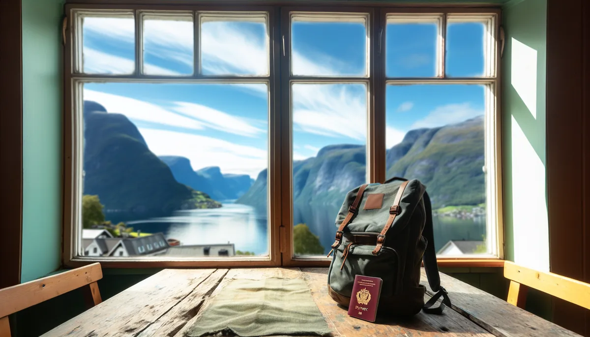 A traveler's backpack and passport on a wooden café table with a stunning view of Norwegian fjords and mountains through the window
