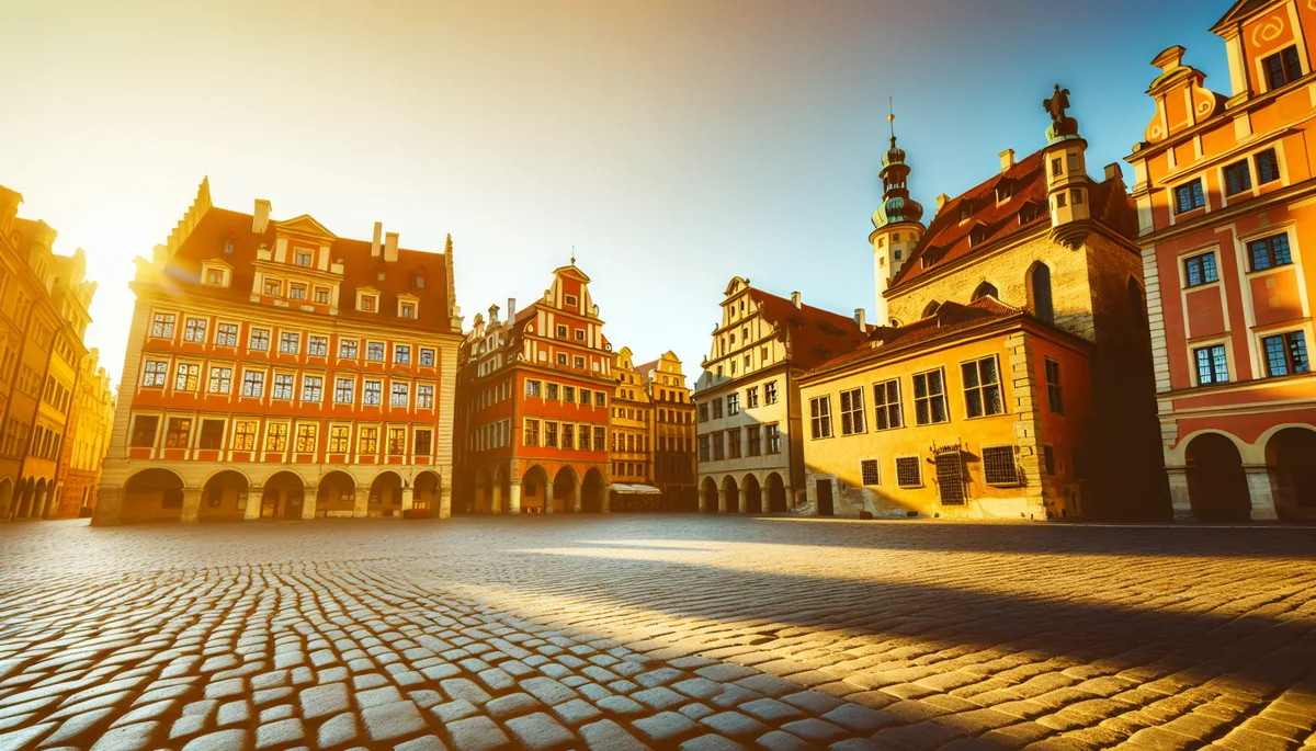 A picturesque European city square with historic colorful buildings and cobblestone streets bathed in warm golden sunlight