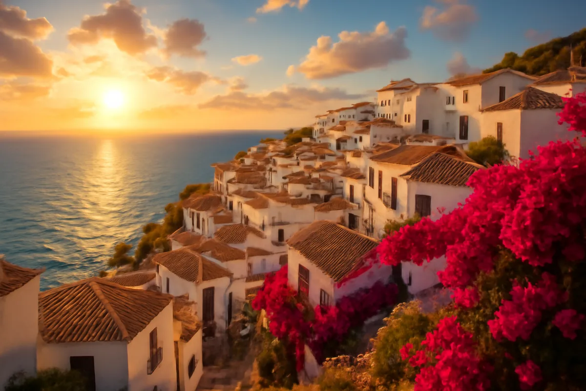 A panoramic view of a picturesque Spanish coastal village with white-washed buildings, terracotta rooftops, and bright blue Mediterranean waters under warm golden sunlight.