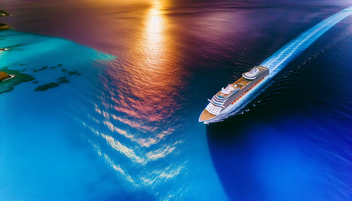 Aerial view of a white cruise ship sailing across calm turquoise ocean waters during golden hour, leaving a white wake trail behind