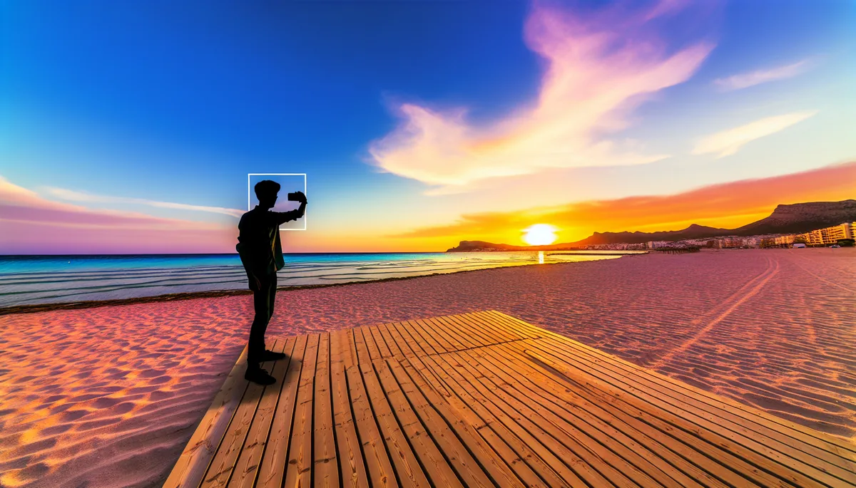 Silhouette of a person standing on a wooden boardwalk overlooking a beautiful Spanish beach at sunset with golden sand and turquoise Mediterranean waters