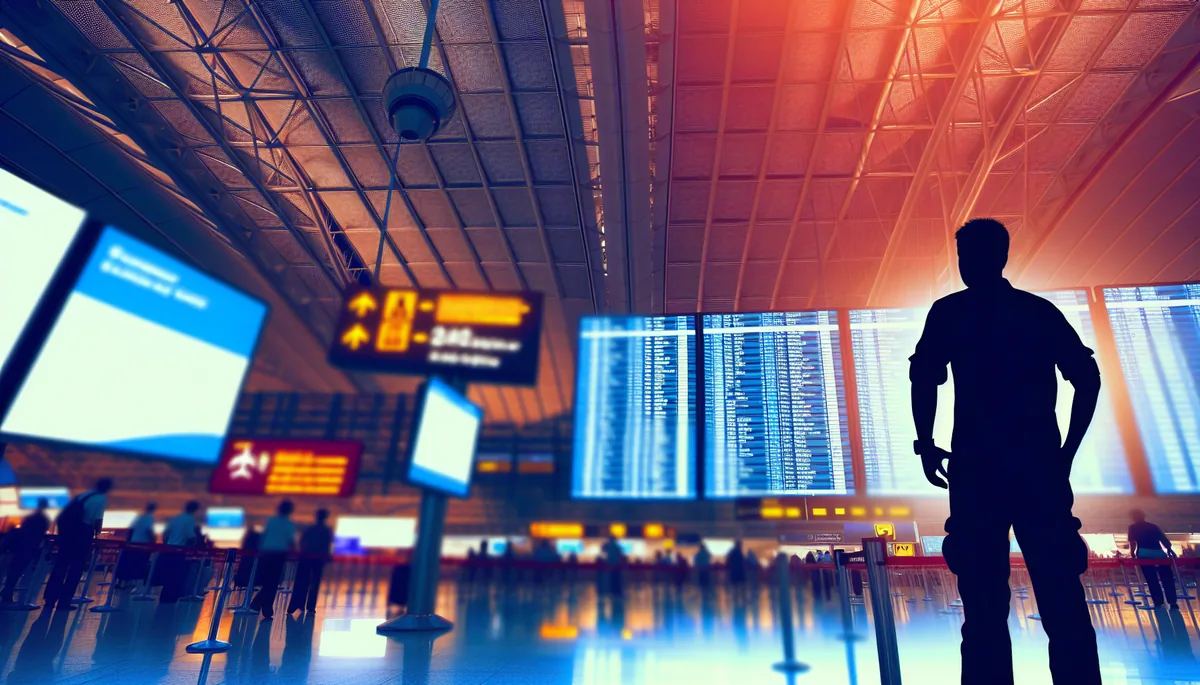 Silhouette of a traveler standing in a large airport terminal with departure boards and gates visible in the background, conveying the feeling of being disconnected while traveling