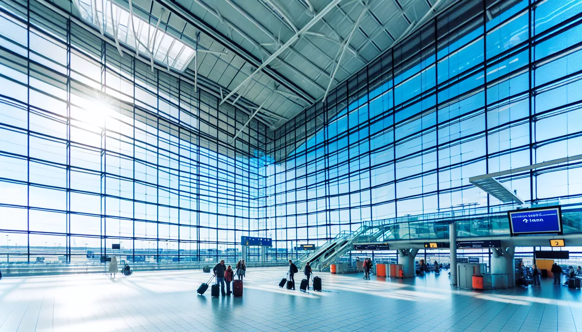 Modern interior of Amsterdam Schiphol Airport departure terminal with travelers walking through the spacious glass-walled hall