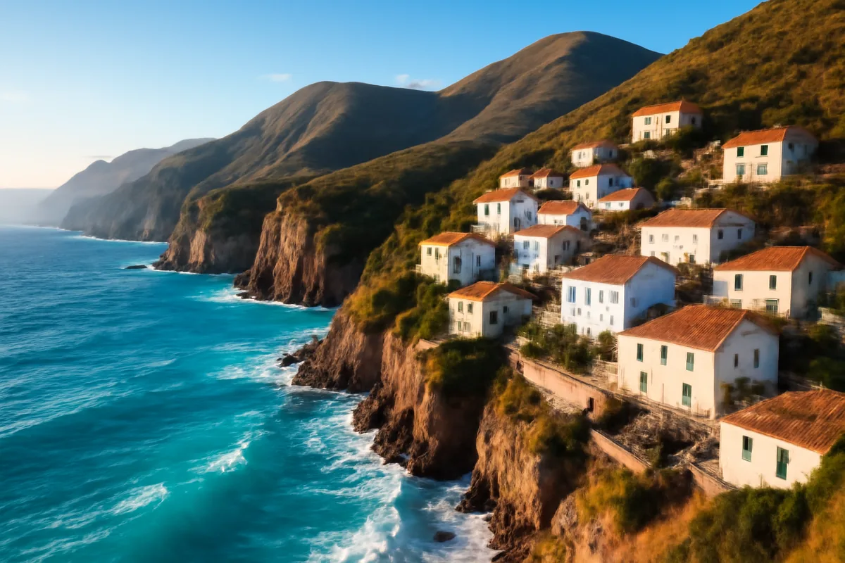 Panoramic view of the Albanian Riviera coastline featuring turquoise waters, dramatic cliffs, and a traditional whitewashed hillside village bathed in golden hour light