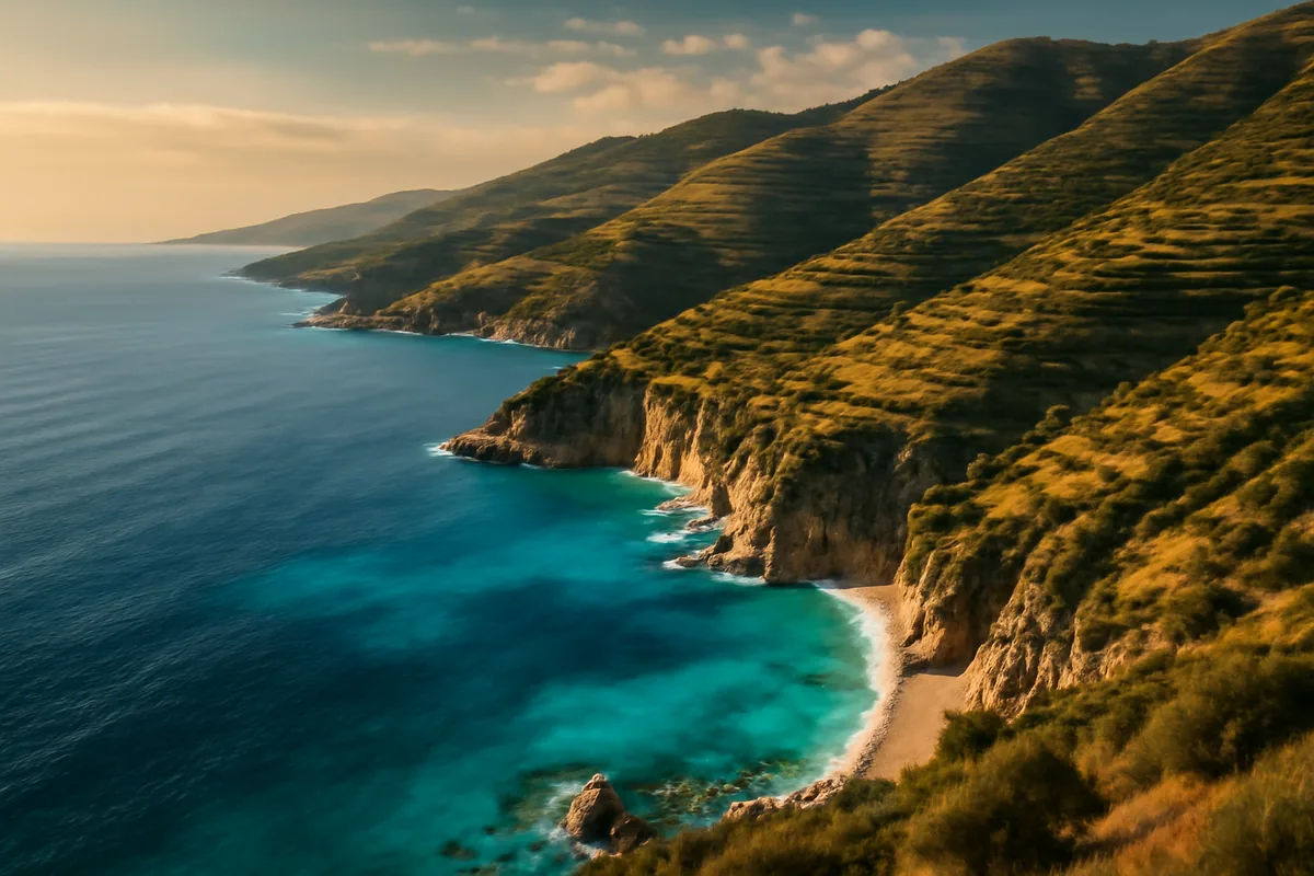 Panoramic view of the Albanian Riviera coastline with turquoise waters, dramatic cliffs, and lush hillsides bathed in warm golden hour light