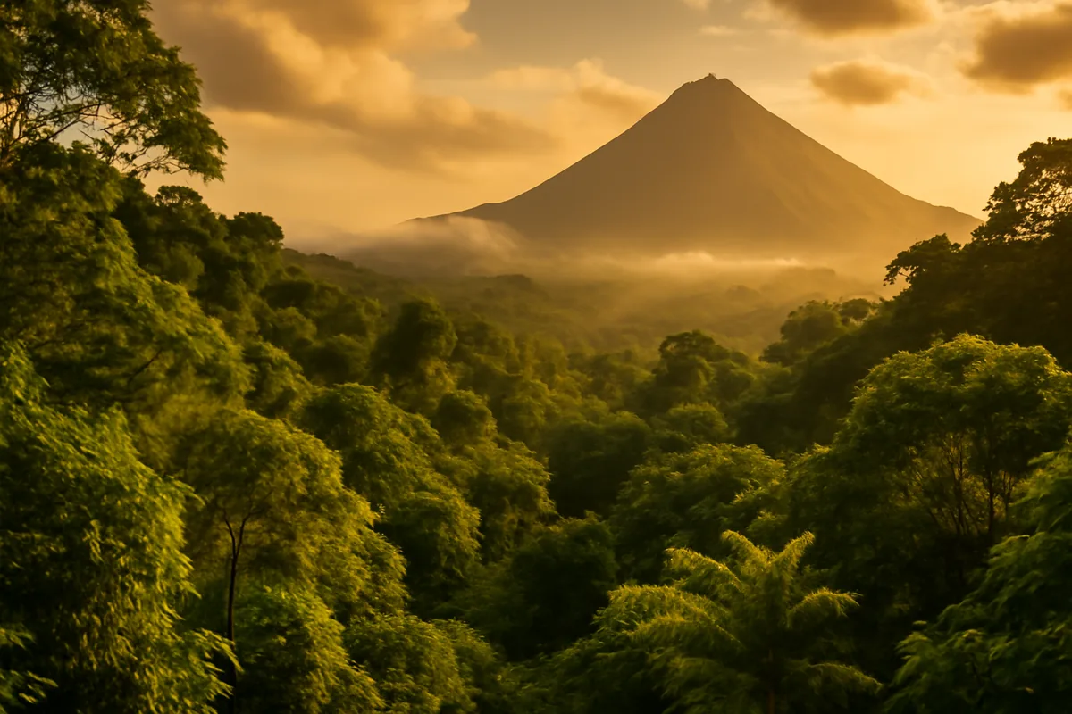 A breathtaking view of a misty Costa Rican rainforest with a volcanic mountain peak rising above the lush green canopy at golden hour