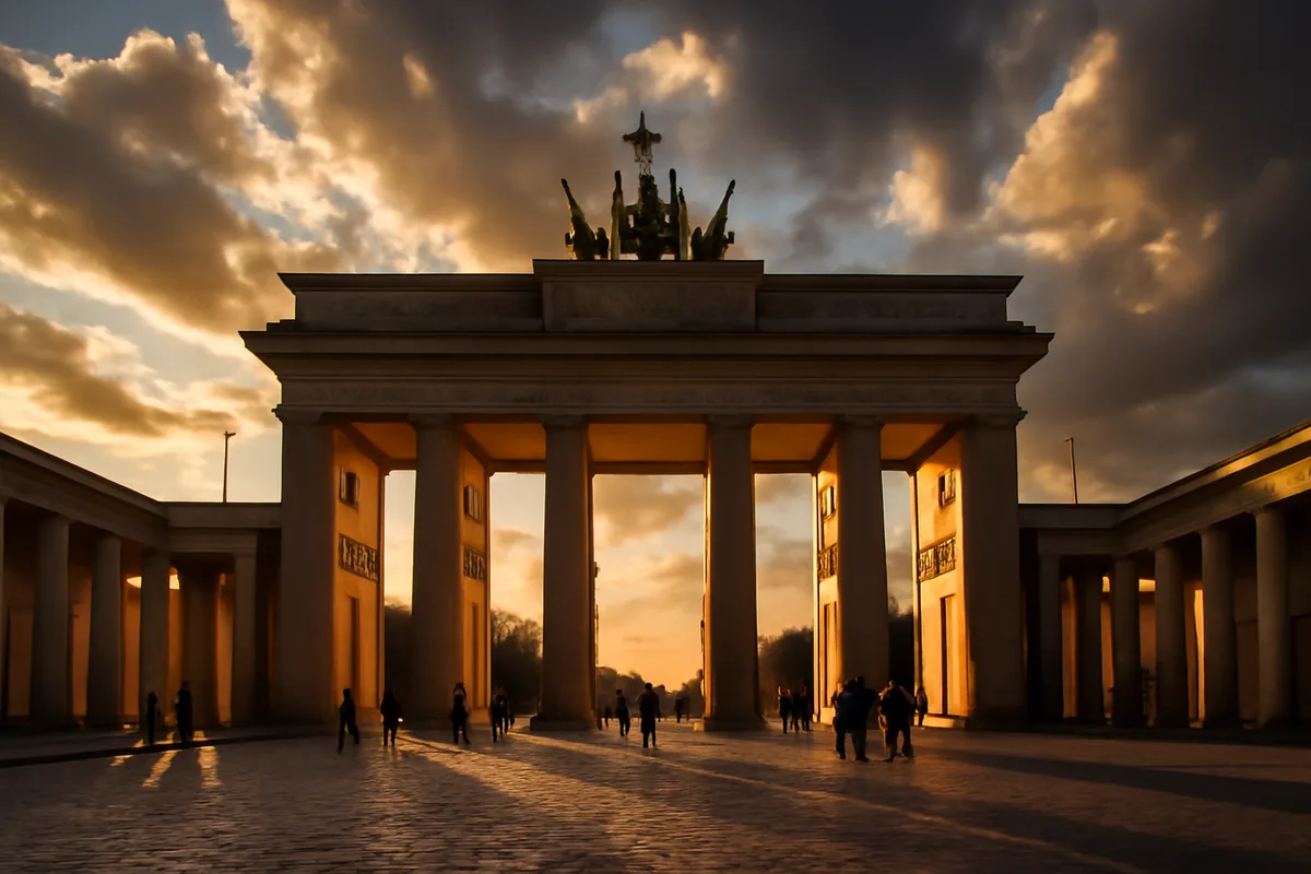 Brandenburg Gate in Berlin at golden hour with dramatic sky and silhouettes of tourists walking through the historic landmark