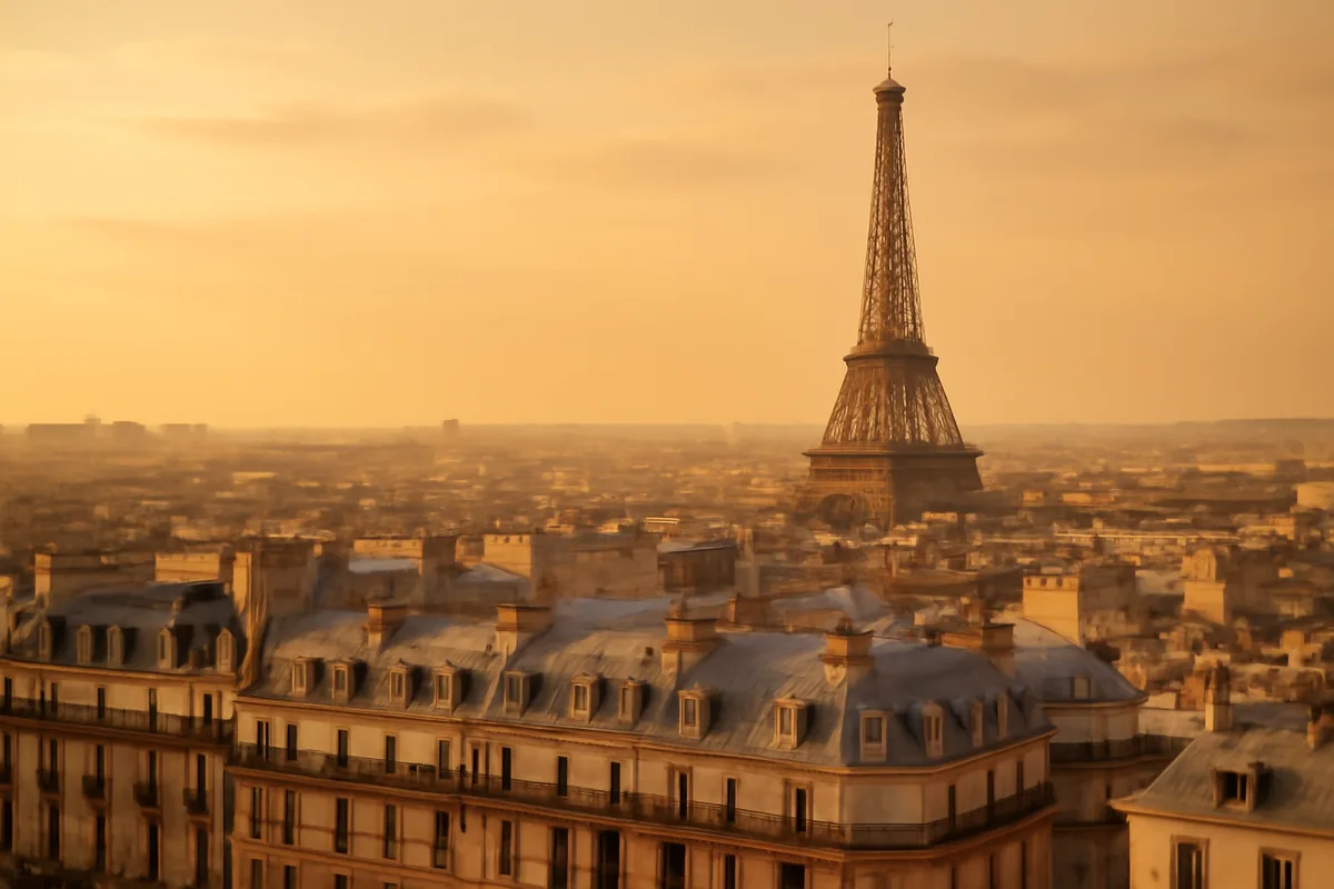 Golden hour view of the Eiffel Tower towering over traditional Parisian rooftops and Haussmanian buildings, bathed in warm evening light