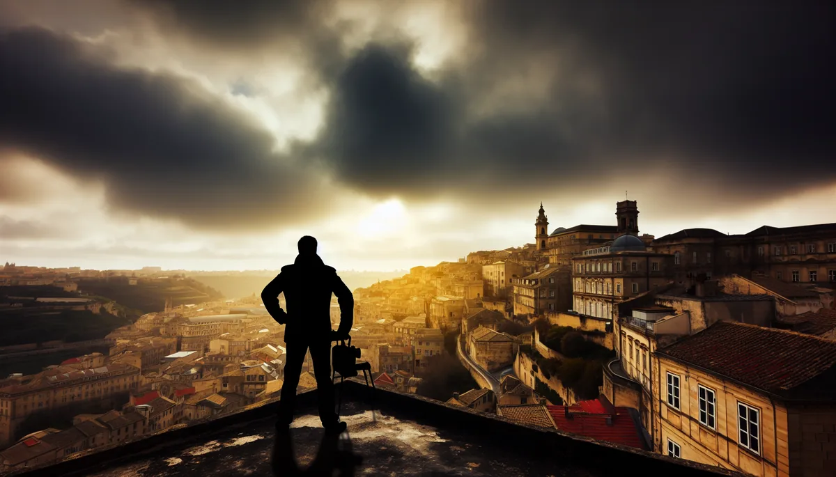 Silhouette of a traveler standing at a scenic overlook of a European city with historic architecture, dramatic lighting with storm clouds clearing to golden sunlight