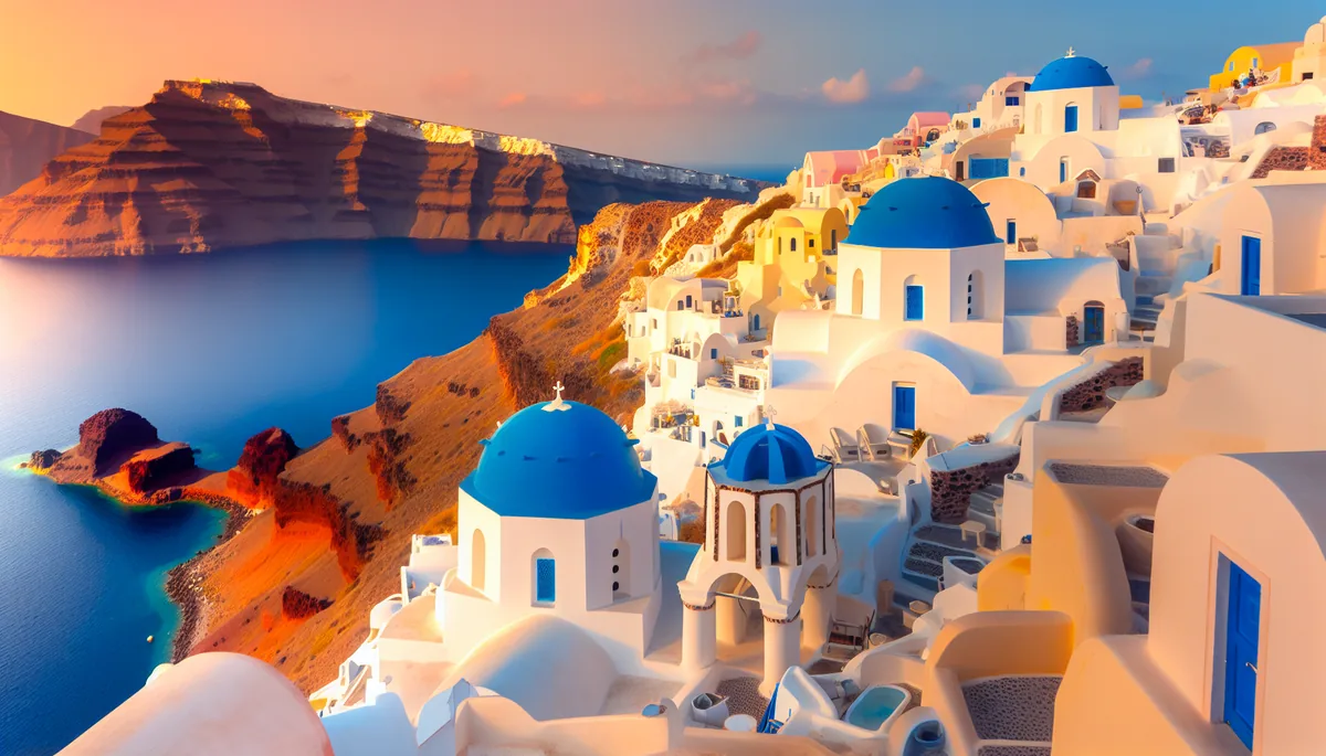 Stunning sunset view of traditional white and blue Greek island architecture with domed churches overlooking the deep blue Aegean Sea