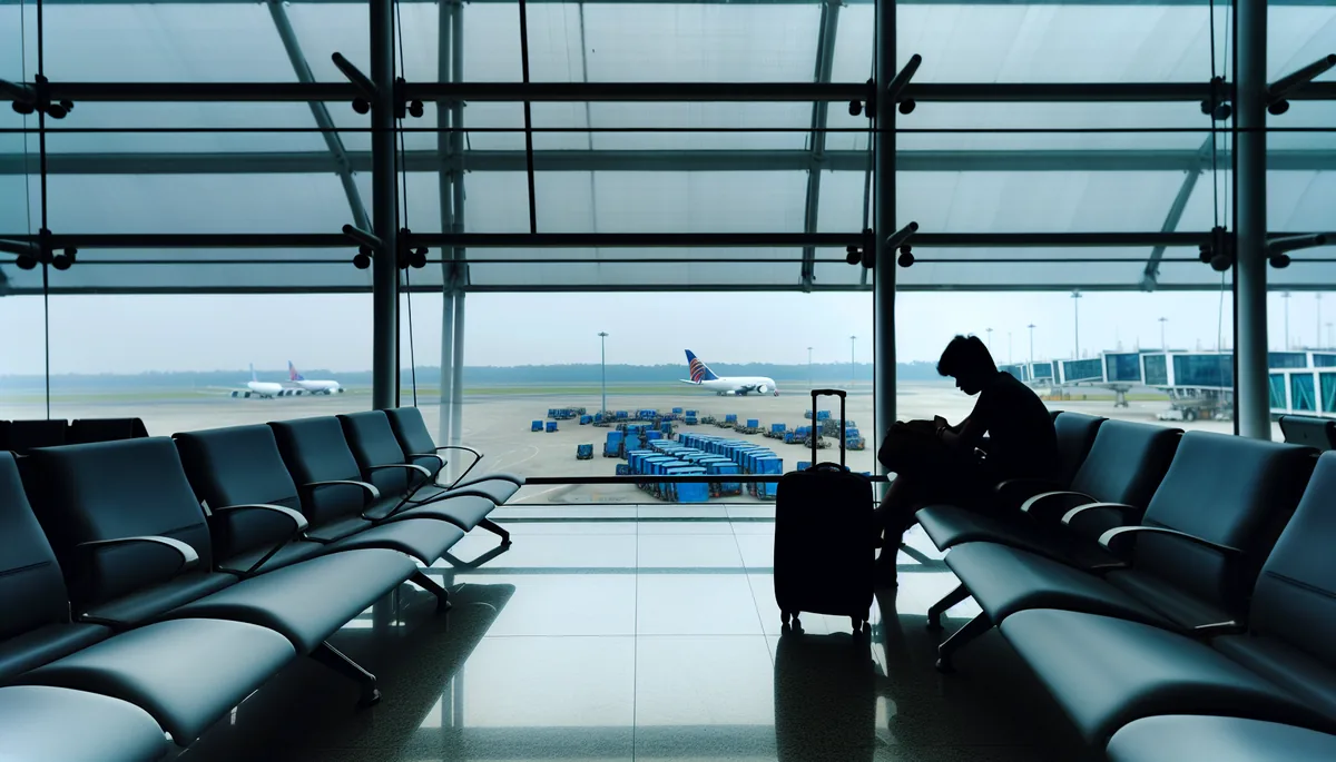 Silhouette of a traveler sitting alone at an airport departure gate with planes visible through large windows