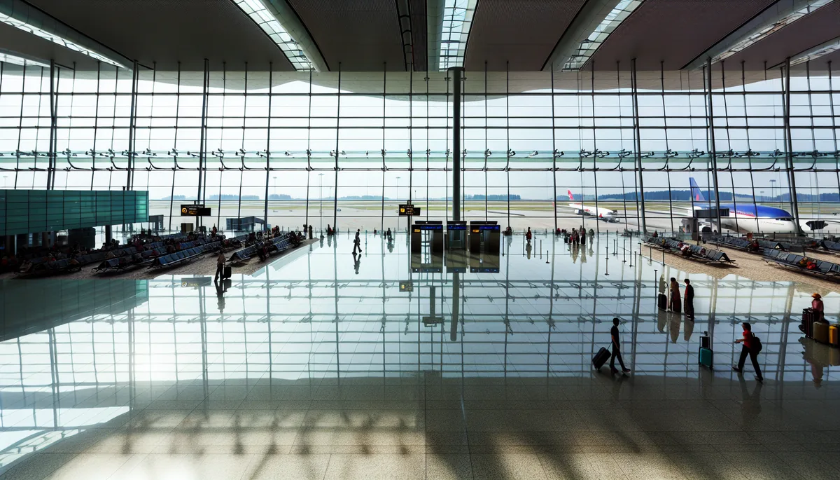 Modern airport terminal interior with travelers walking through departure gates, large windows showing aircraft outside, bright natural lighting