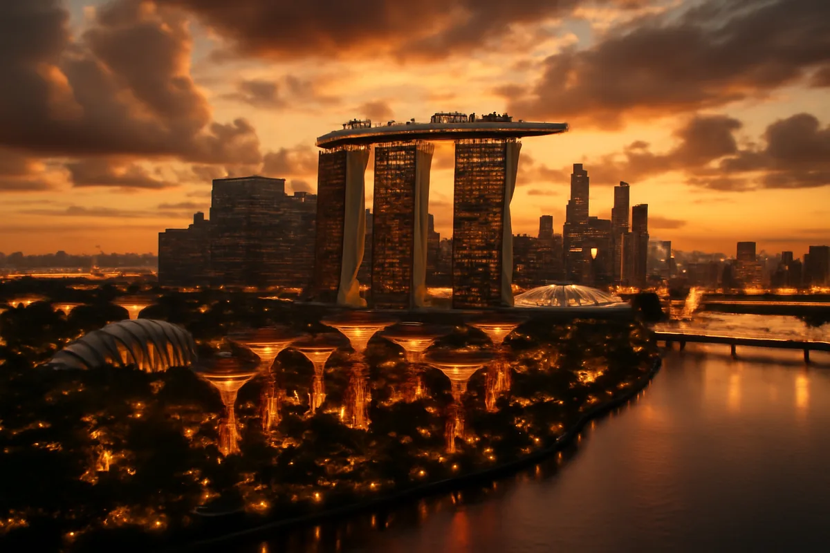 Aerial panoramic view of Singapore's iconic Marina Bay skyline at golden hour, with the Marina Bay Sands hotel and Gardens by the Bay supertrees reflected in calm harbor waters