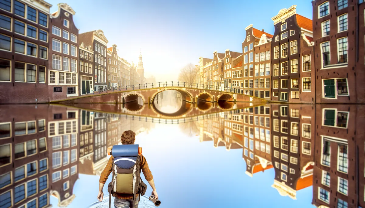 A traveler with a backpack walking along a picturesque Amsterdam canal with historic Dutch buildings and bridges reflected in the water during golden hour