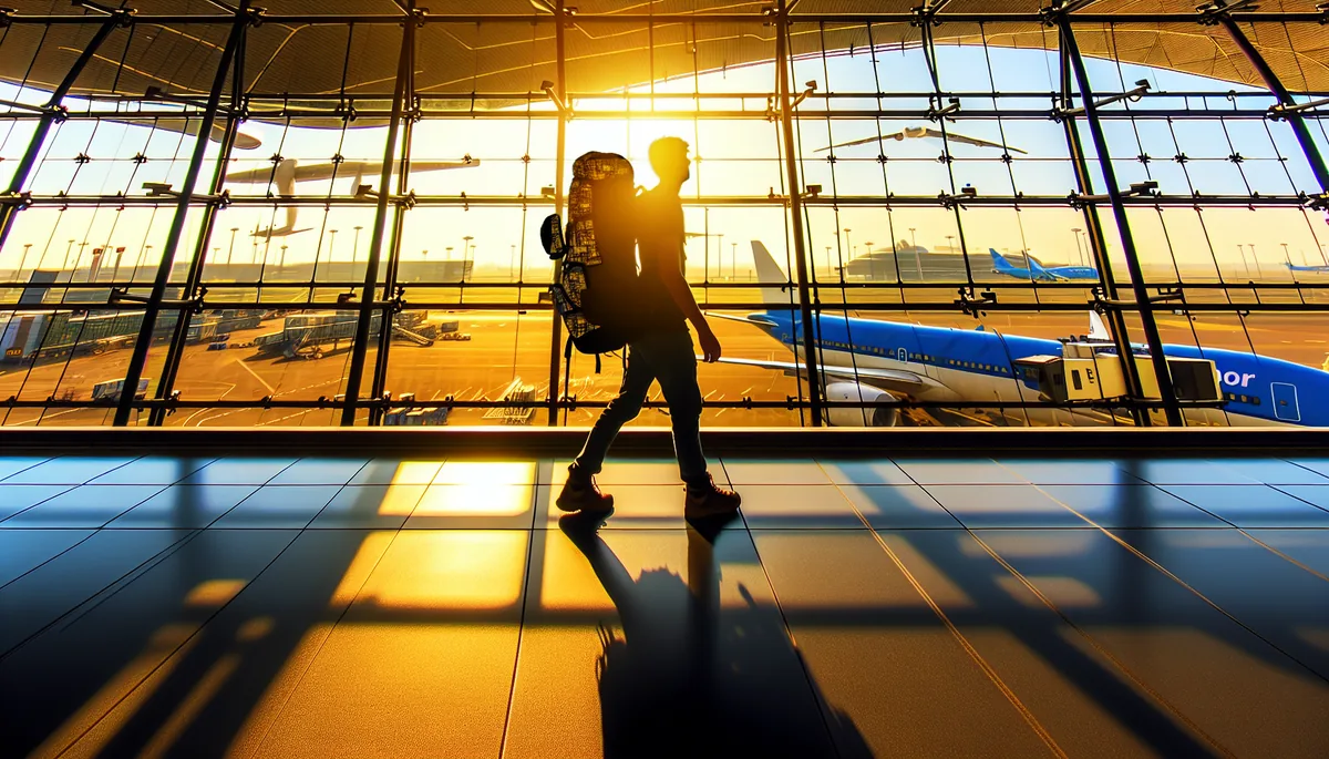 Silhouette of a traveler with backpack walking through a modern airport terminal with large windows showing planes on the tarmac during golden hour