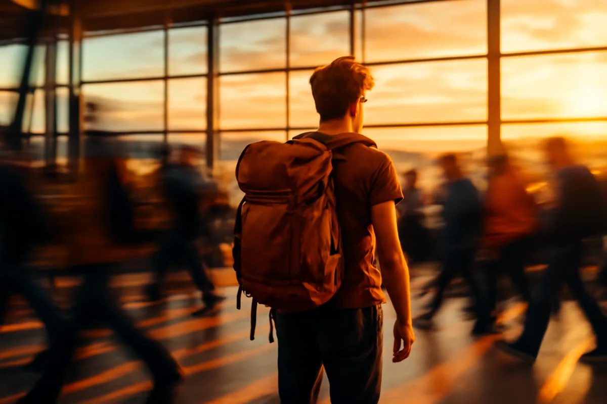 Silhouette of a traveler with backpack at airport departure gate with motion blur of other travelers in background during golden hour