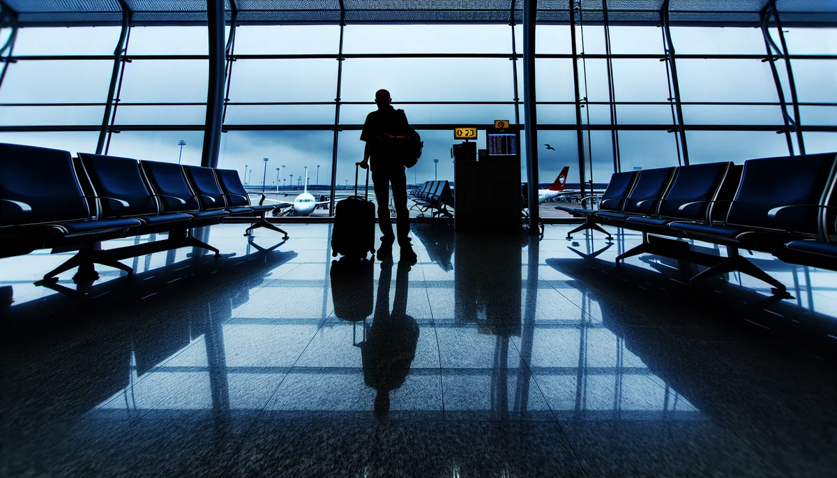 Silhouette of a traveler sitting alone at an airport gate with large windows showing an overcast sky and empty runway, conveying travel challenges and frustration